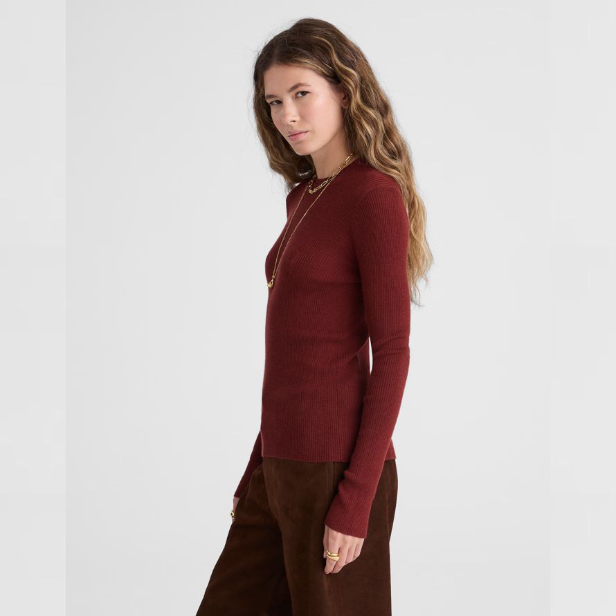 red brown madewell double-layered crewneck merino-wool silk womens sweater