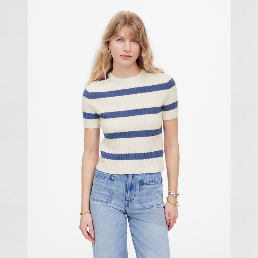 light cream blue womens madewell bouclé-knit crewneck short-sleeve sweater