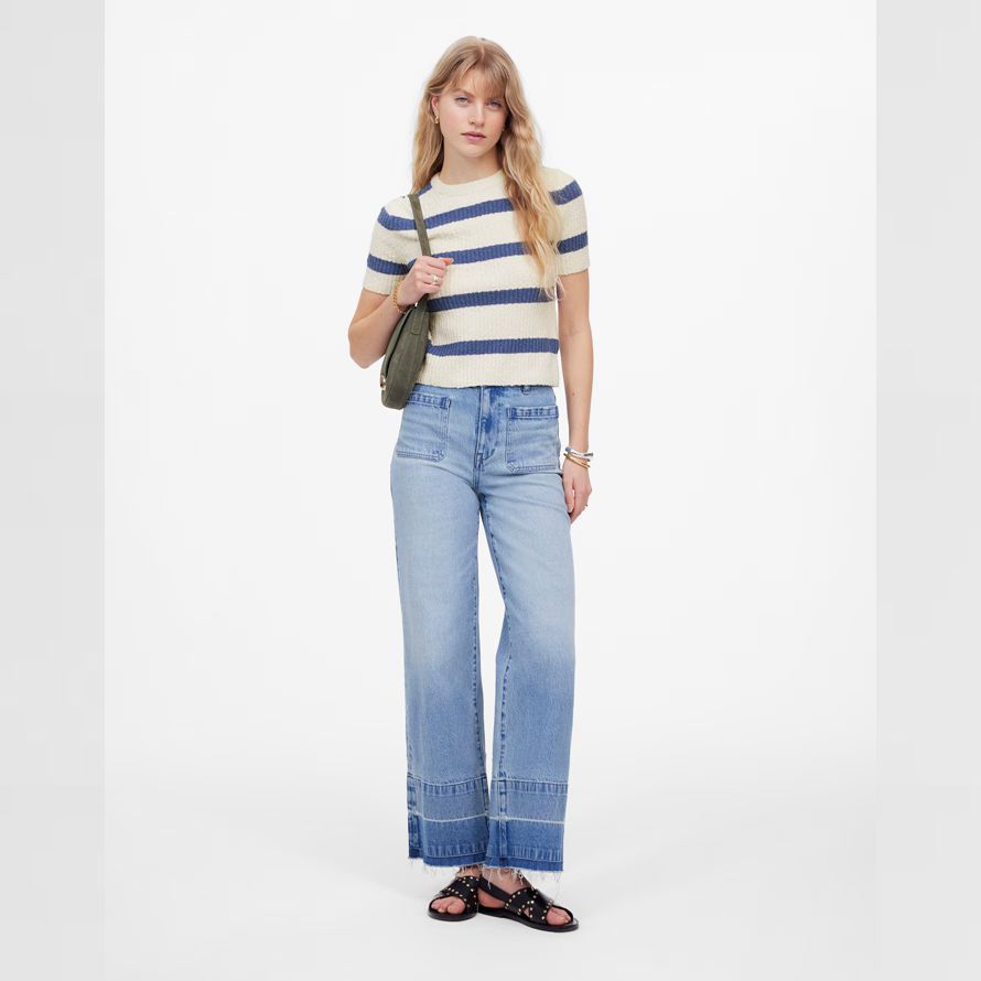 light cream blue womens madewell bouclé-knit crewneck short-sleeve sweater