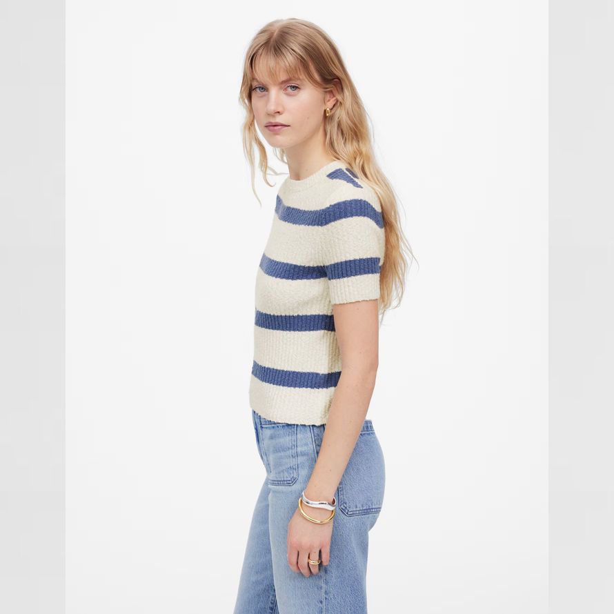 light cream blue womens madewell bouclé-knit crewneck short-sleeve sweater