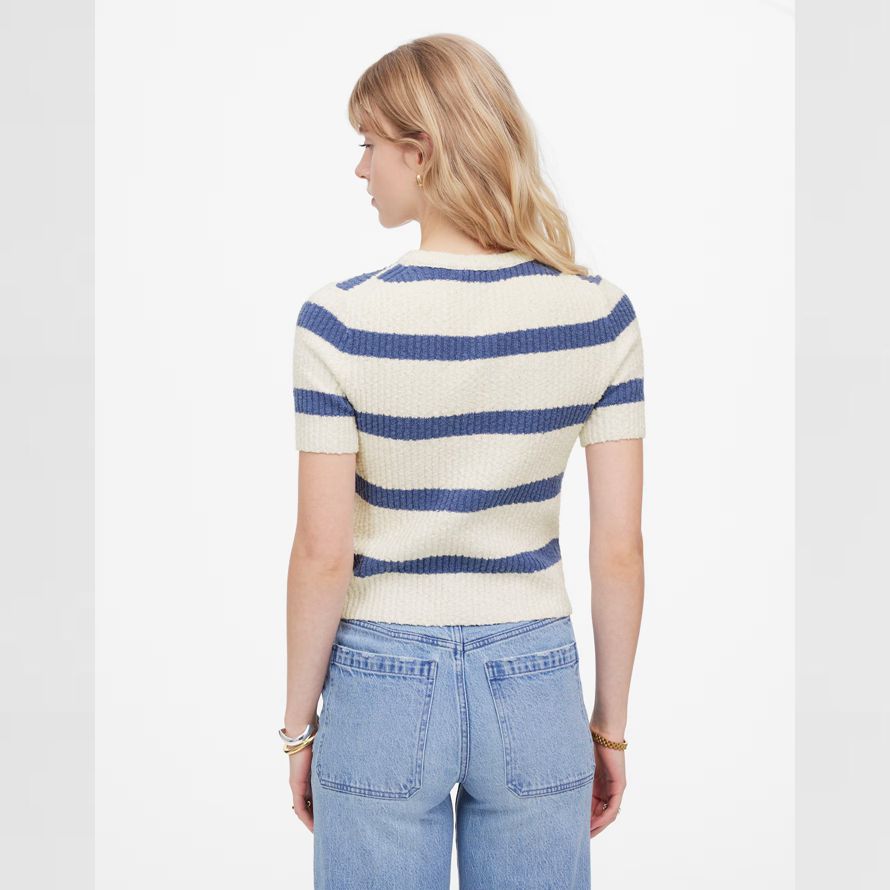 light cream blue womens madewell bouclé-knit crewneck short-sleeve sweater