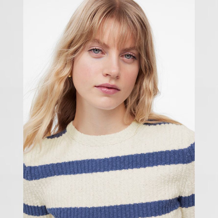 light cream blue womens madewell bouclé-knit crewneck short-sleeve sweater