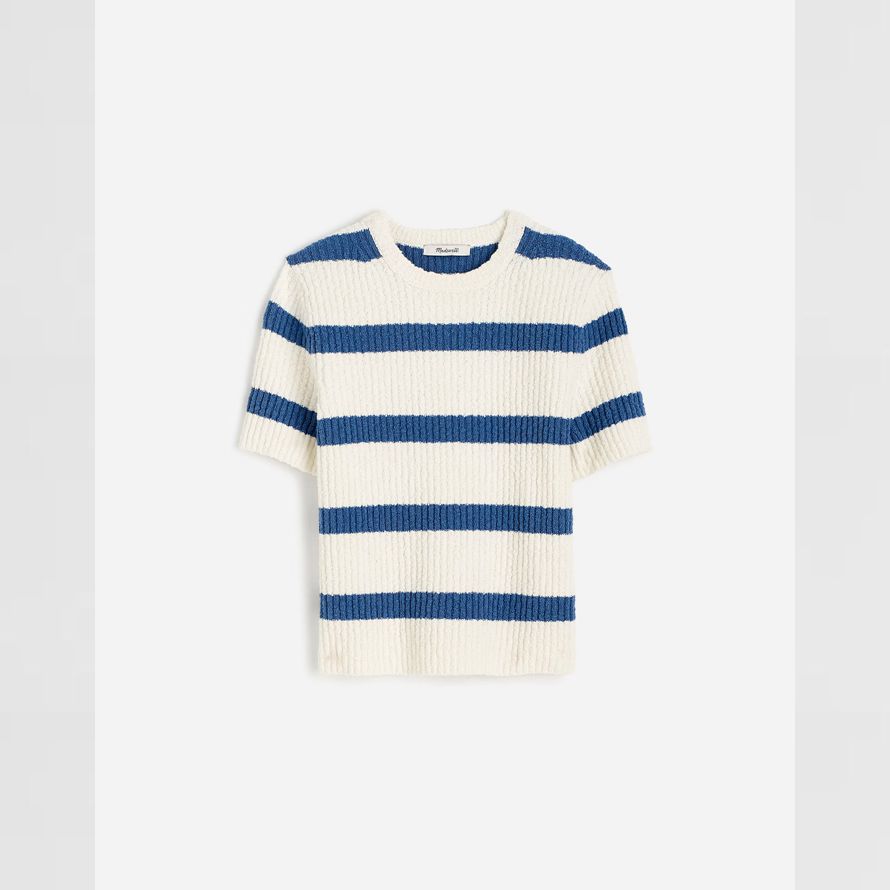 light cream blue womens madewell bouclé-knit crewneck short-sleeve sweater