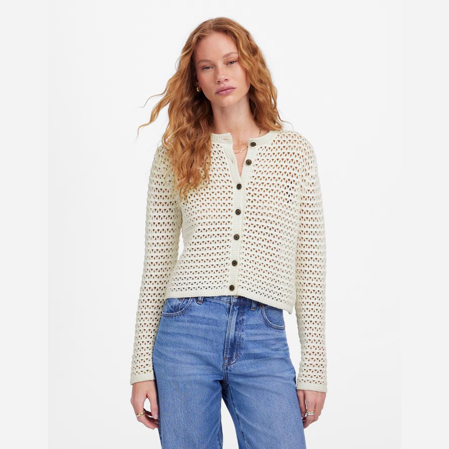 cream womens madewell open-stitch crewneck sweater