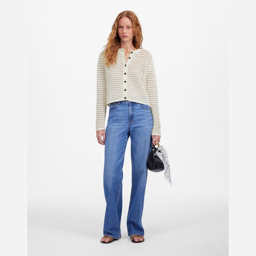 cream womens madewell open-stitch crewneck sweater