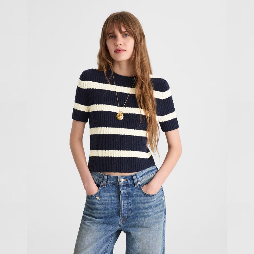 madewell bouclé-knit crewneck short-sleeve womens sweater navy cream
