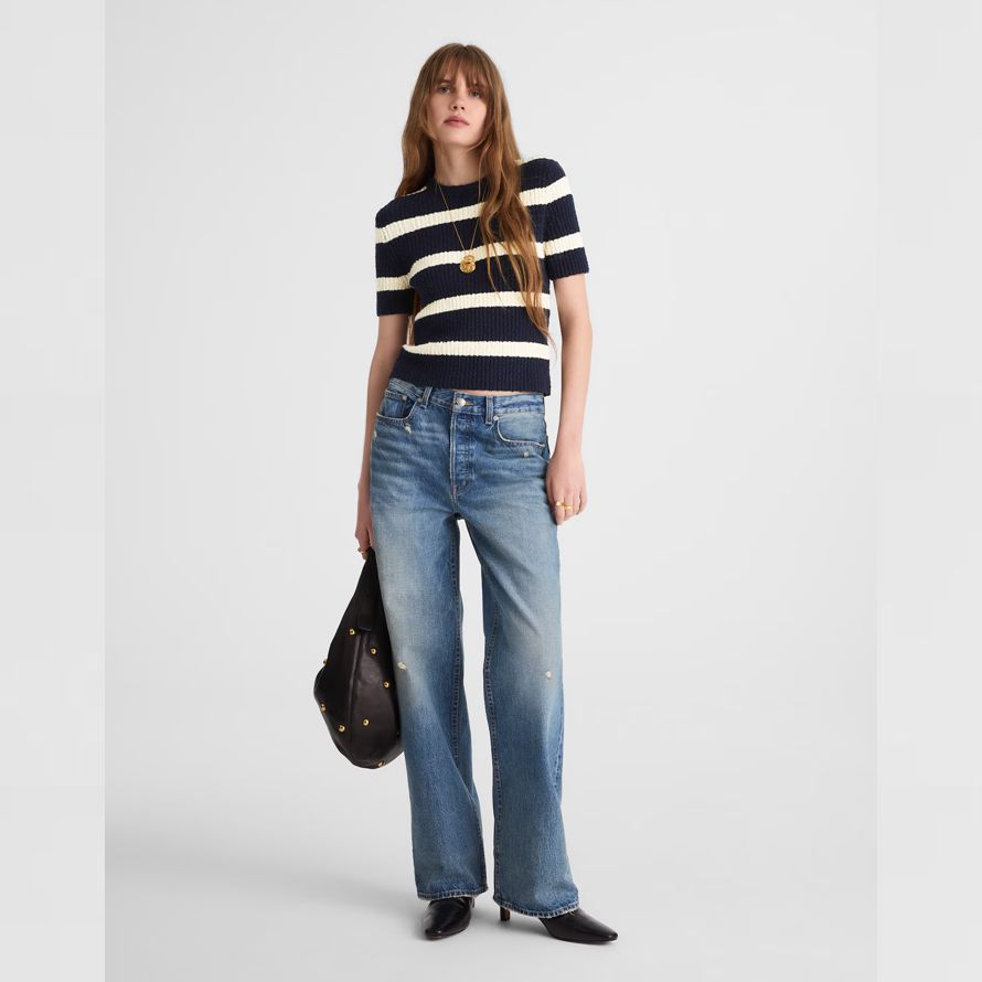 madewell bouclé-knit crewneck short-sleeve womens sweater navy cream