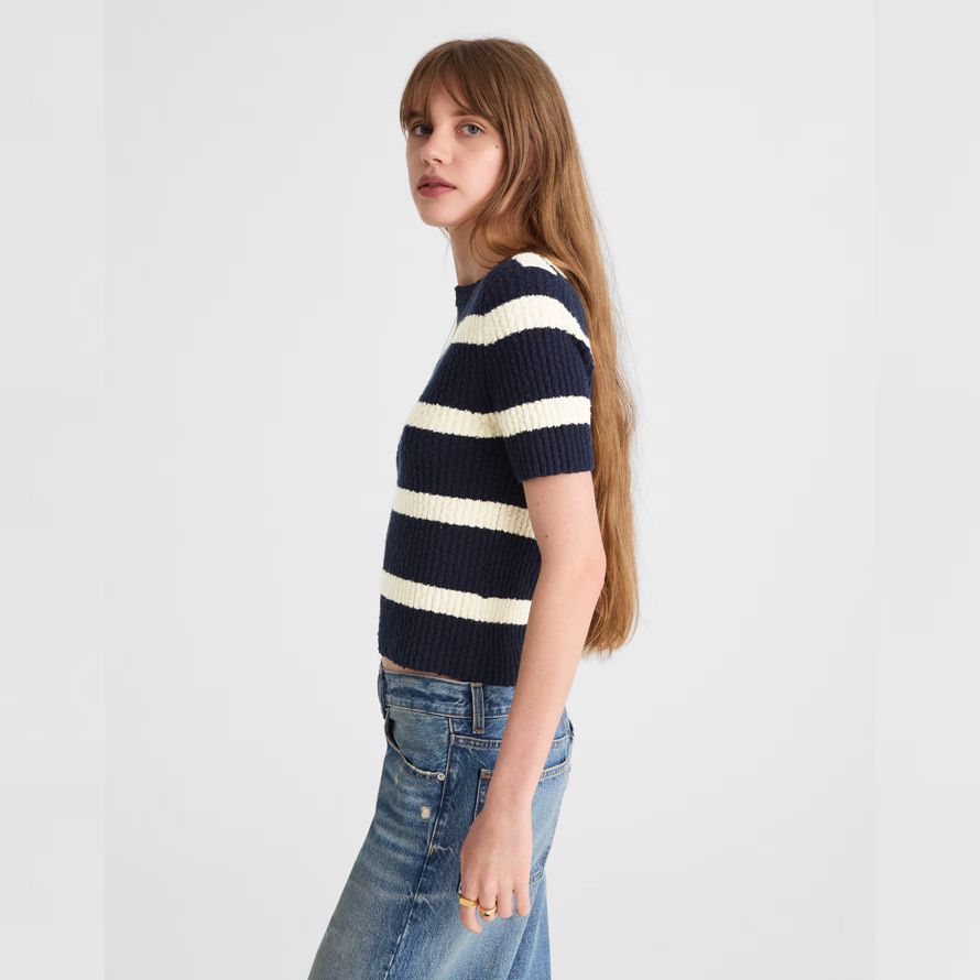 madewell bouclé-knit crewneck short-sleeve womens sweater navy cream