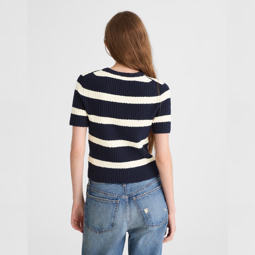 madewell bouclé-knit crewneck short-sleeve womens sweater navy cream