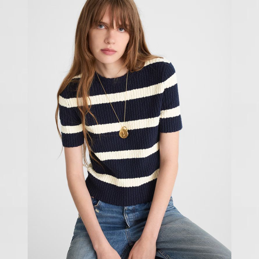 madewell bouclé-knit crewneck short-sleeve womens sweater navy cream