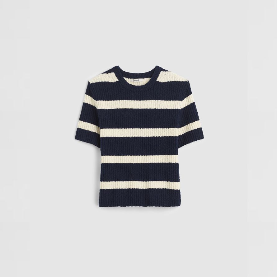 madewell bouclé-knit crewneck short-sleeve womens sweater navy cream