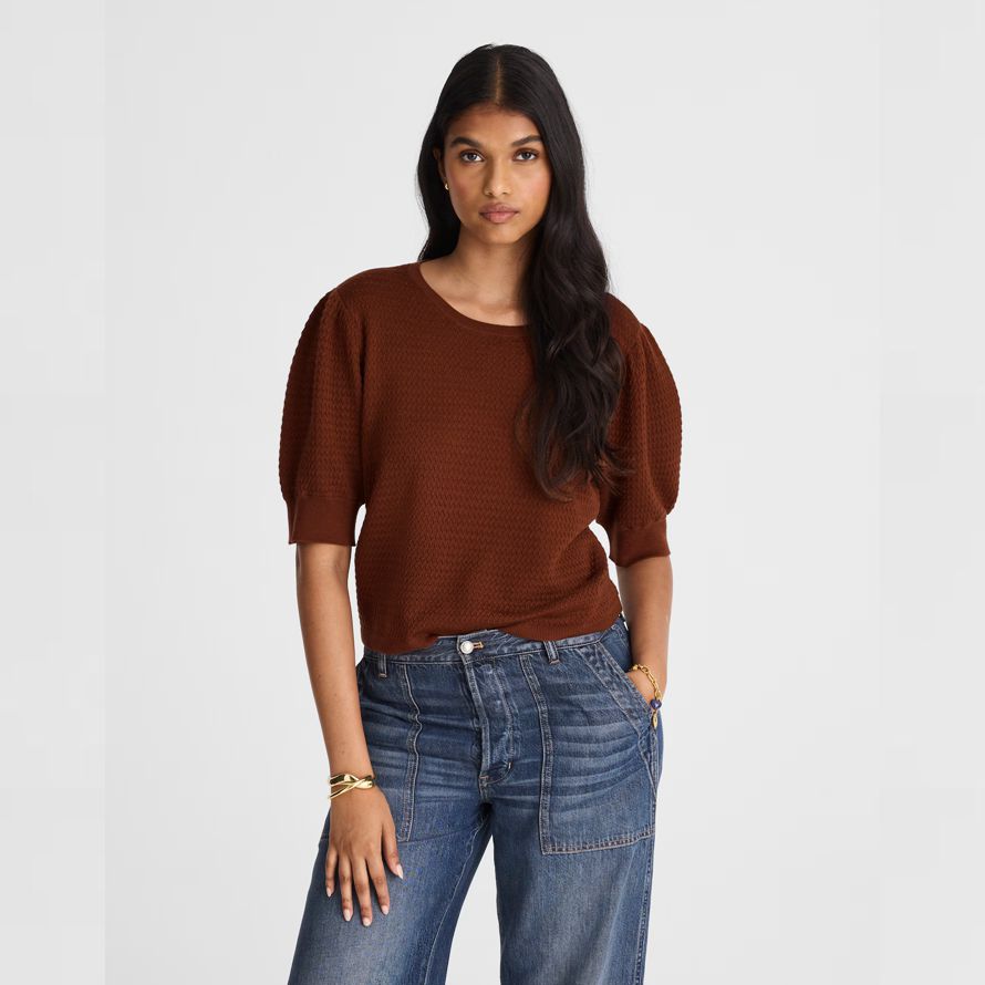 womens madewell merino wool-silk blend puff-sleeve sweater brown