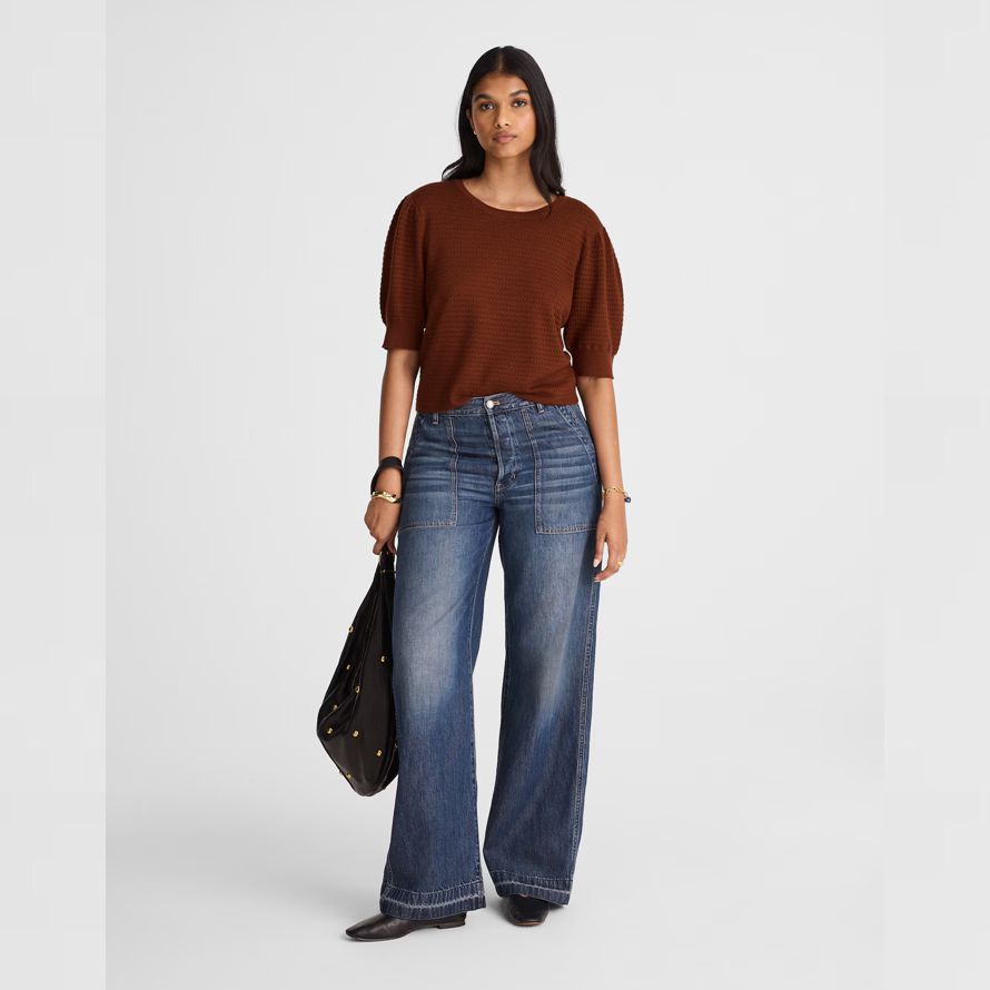 womens madewell merino wool-silk blend puff-sleeve sweater brown