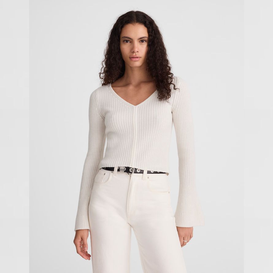 white womens madewell ribbed v-neck merino wool sweater