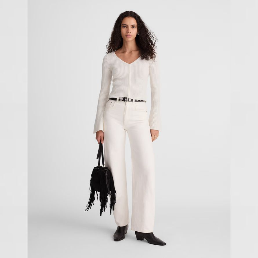white womens madewell ribbed v-neck merino wool sweater