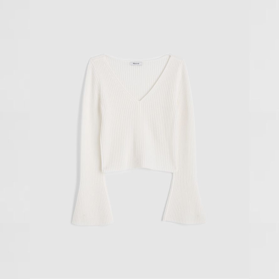 white womens madewell ribbed v-neck merino wool sweater