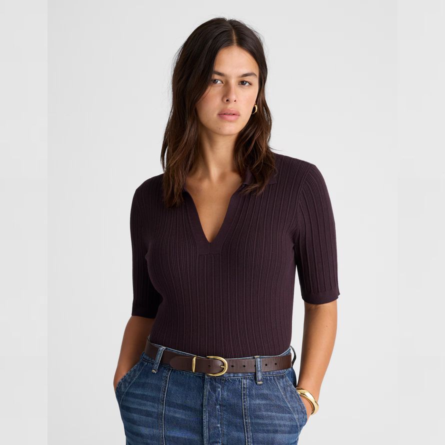 dark brown madewell the signature knit johnny-collar womens sweater