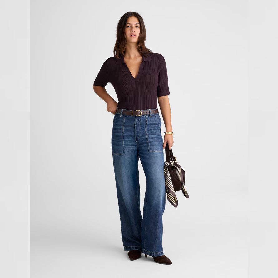 dark brown madewell the signature knit johnny-collar womens sweater