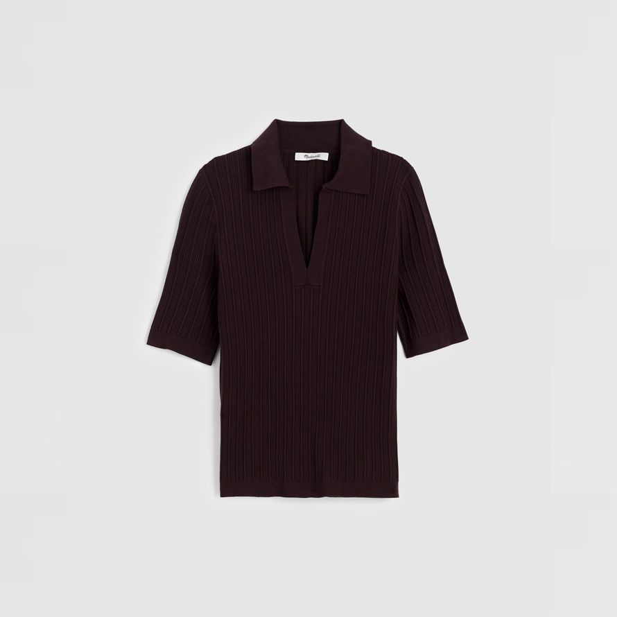 dark brown madewell the signature knit johnny-collar womens sweater