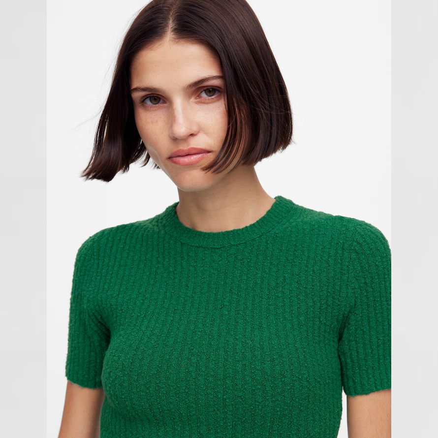 green madewell bouclé-knit crewneck short-sleeve womens sweater