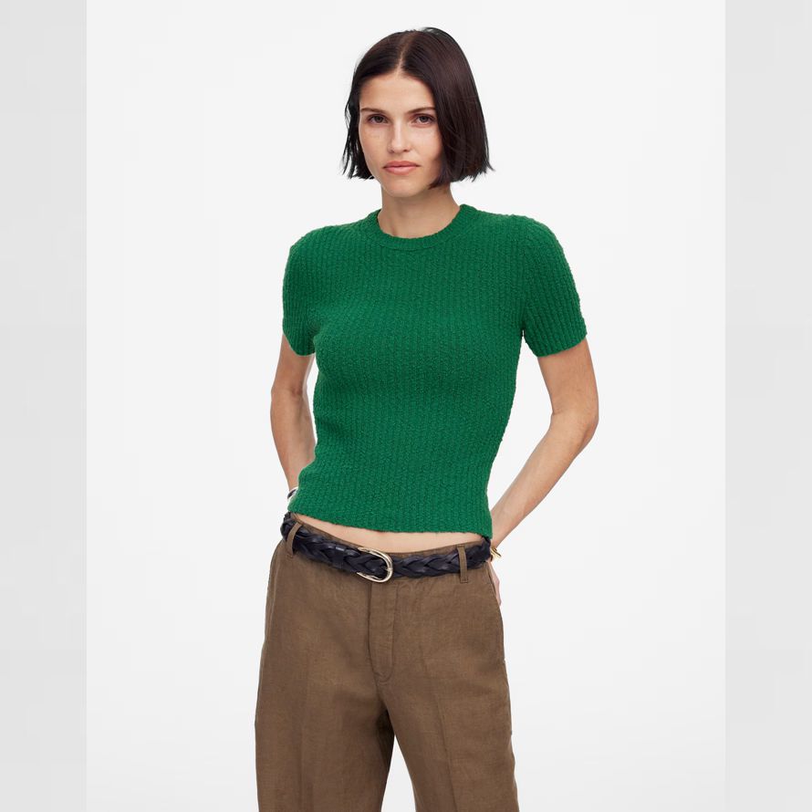 green madewell bouclé-knit crewneck short-sleeve womens sweater