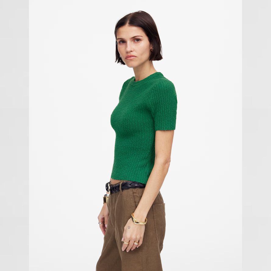 green madewell bouclé-knit crewneck short-sleeve womens sweater