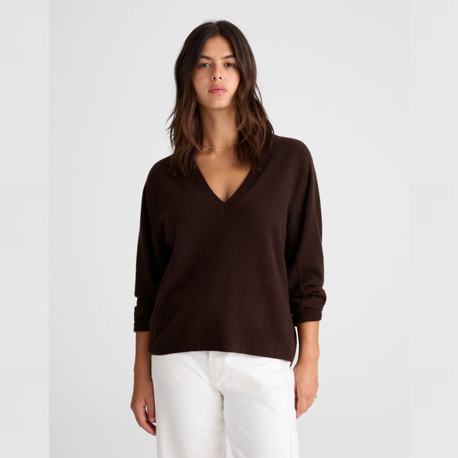 dark brown womens madewell cashmere v-neck sweater