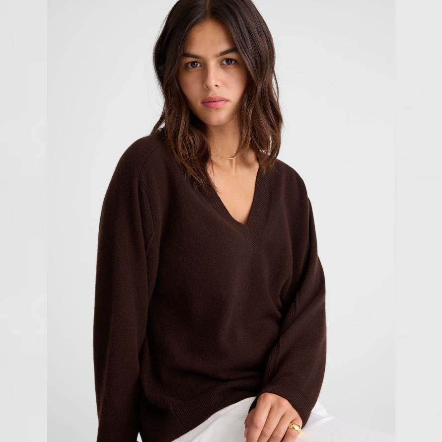 dark brown womens madewell cashmere v-neck sweater