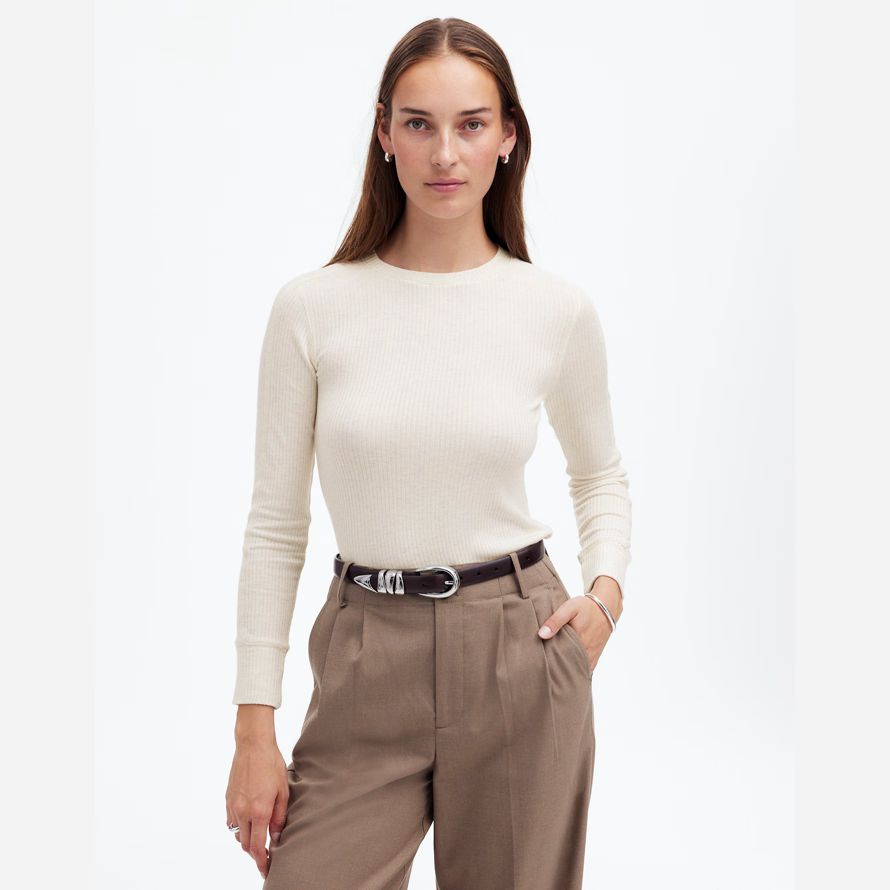 madewell ribbed crewneck long-sleeve womens t-shirts cream
