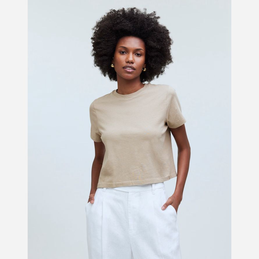 madewell softfade cotton boxy-crop womens t-shirts khaki
