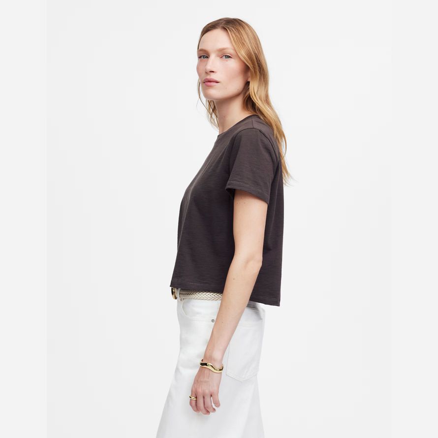 madewell slub boxy-crop womens t-shirts dark chocolate