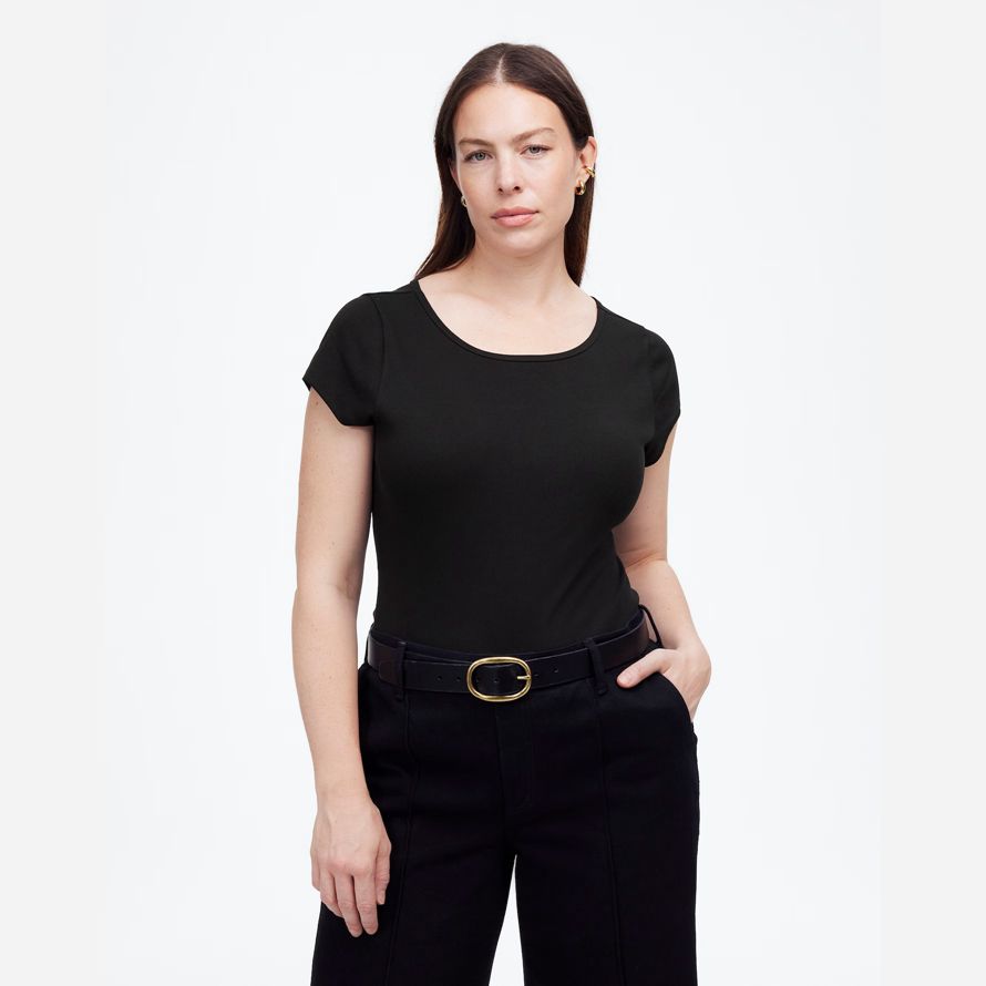 black womens madewell regenerative cotton ribbed cap-sleeve t-shirts