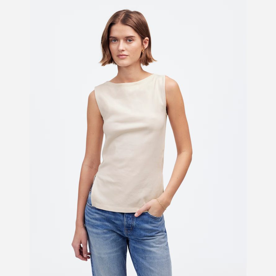 madewell sleeveless boatneck side slit womens t-shirts cream