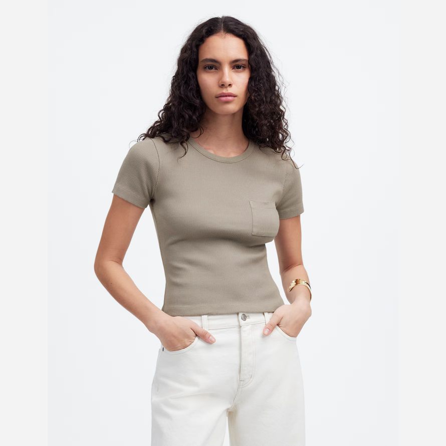 madewell ribbed crewneck pocket womens t-shirts grey