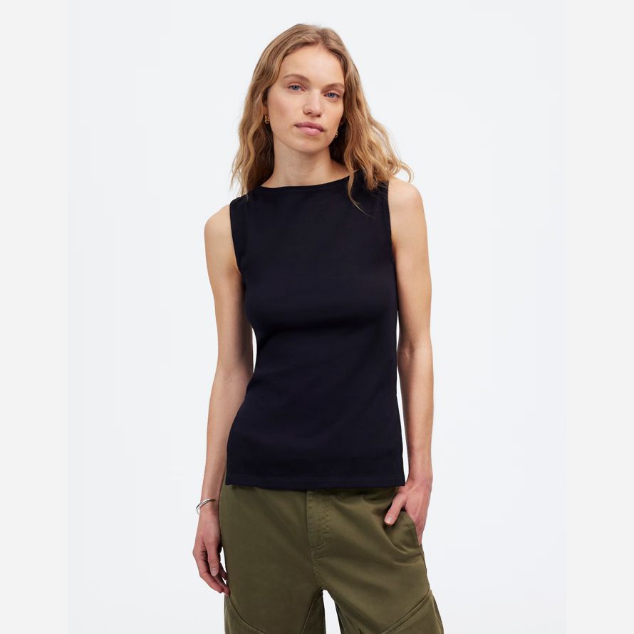 black madewell sleeveless boatneck side slit womens t-shirts