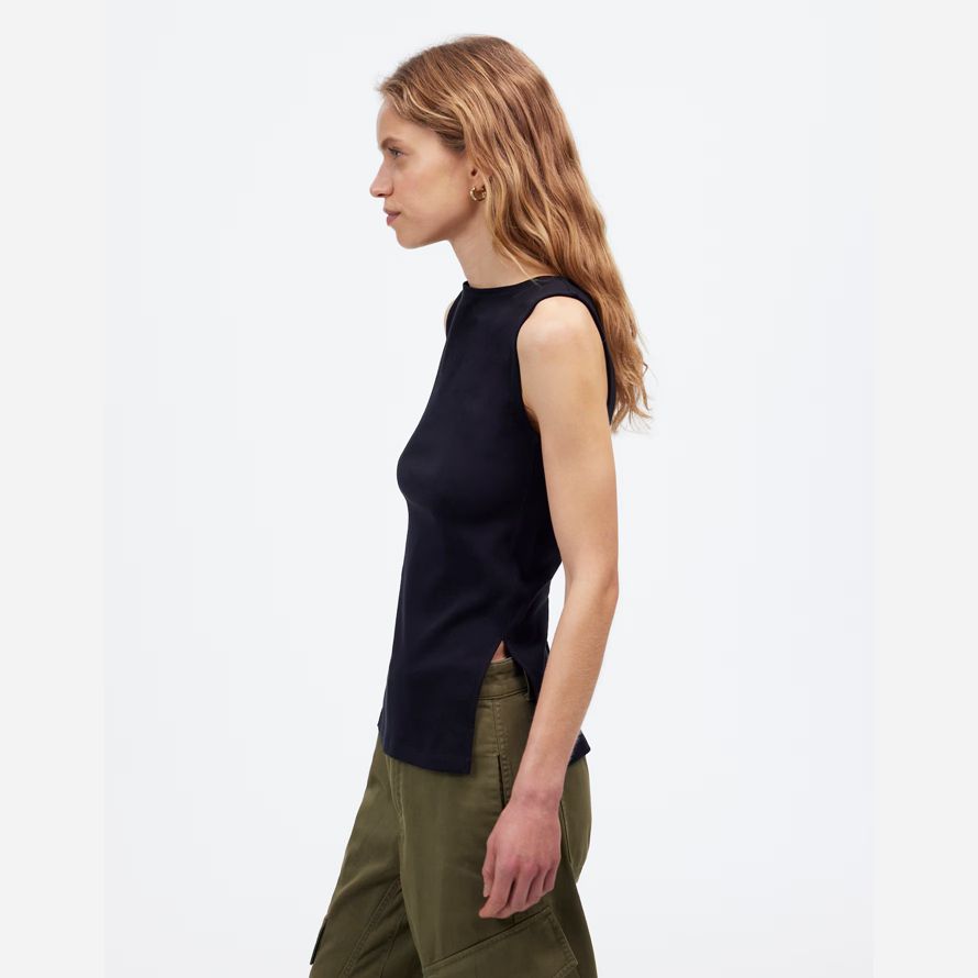 black madewell sleeveless boatneck side slit womens t-shirts