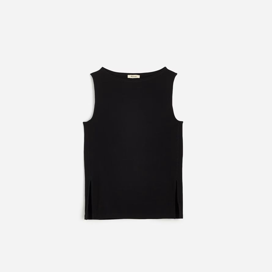 black madewell sleeveless boatneck side slit womens t-shirts