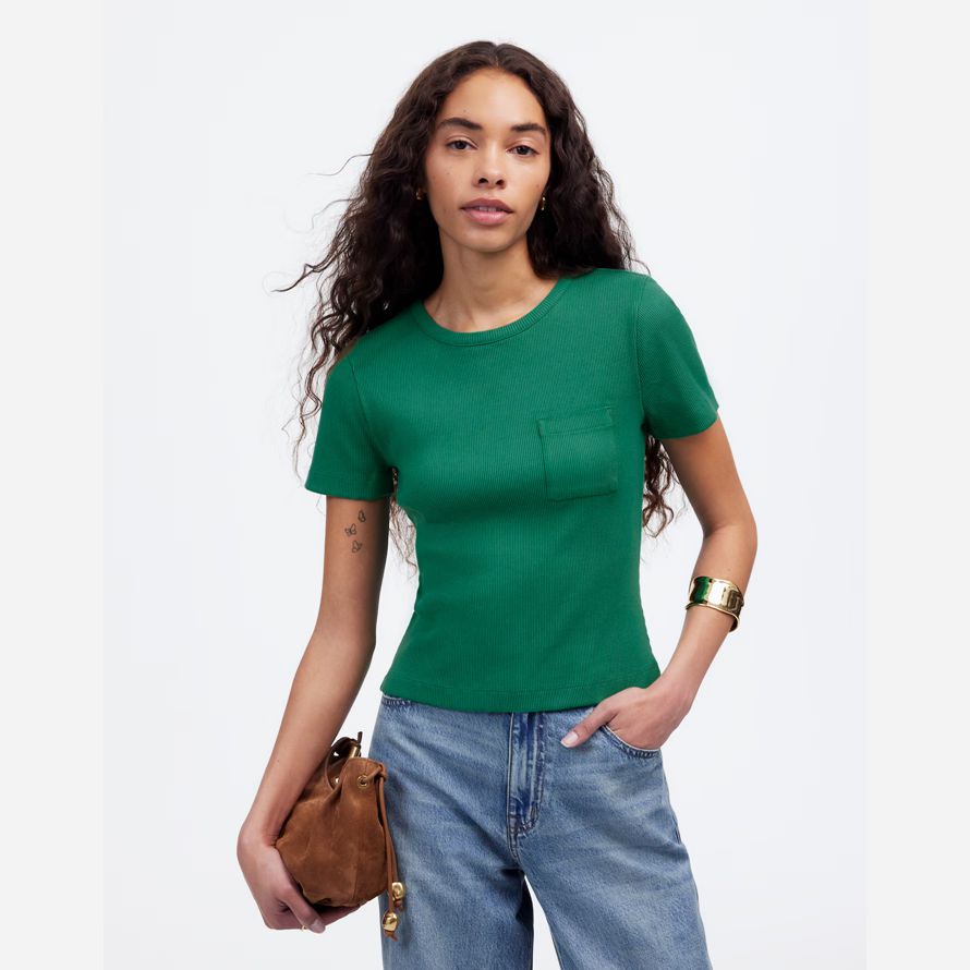 madewell ribbed crewneck pocket womens t-shirts green