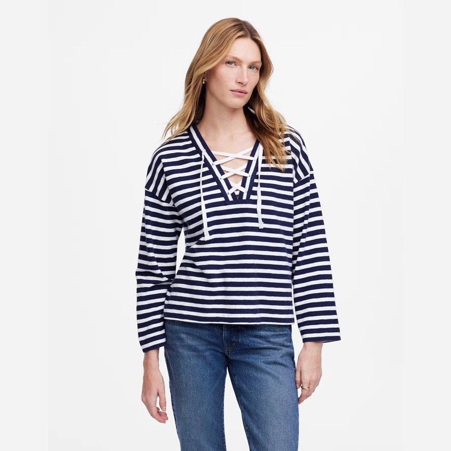 navy white womens madewell lace-up long-sleeve t-shirts