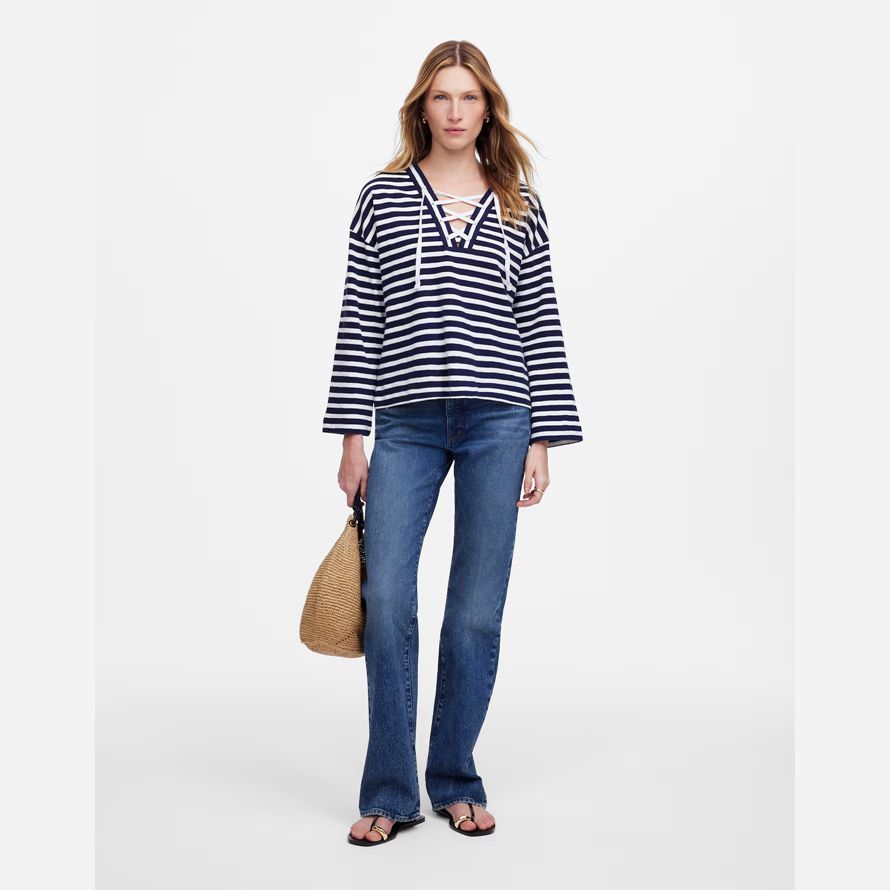navy white womens madewell lace-up long-sleeve t-shirts