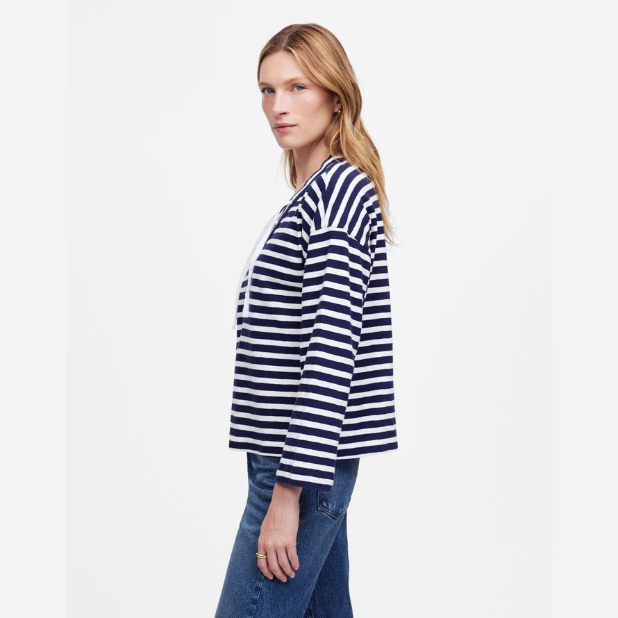 navy white womens madewell lace-up long-sleeve t-shirts