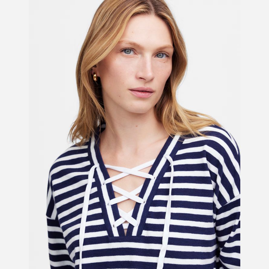 navy white womens madewell lace-up long-sleeve t-shirts