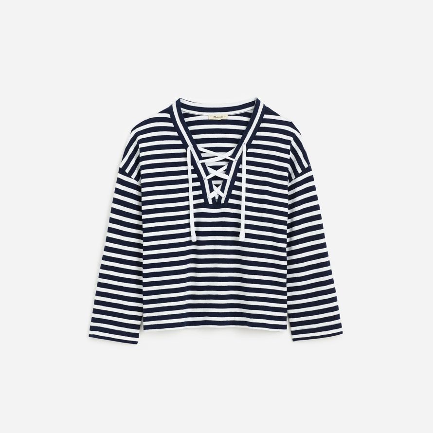 navy white womens madewell lace-up long-sleeve t-shirts