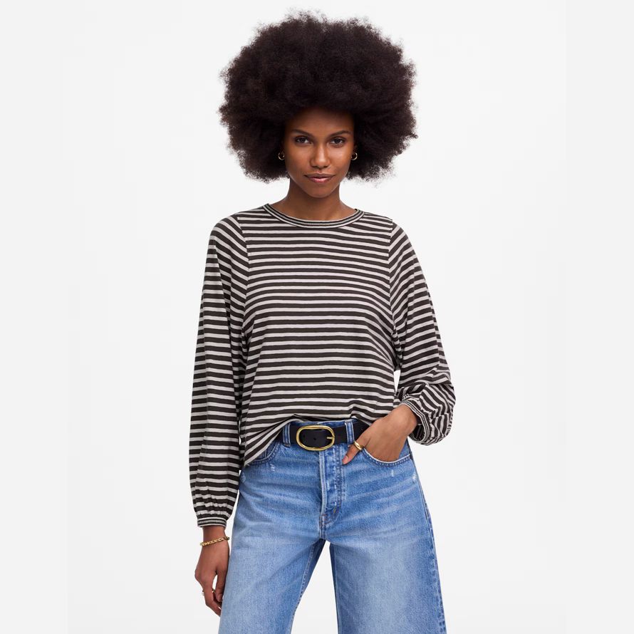 madewell long balloon-sleeve crewneck womens t-shirts black beige