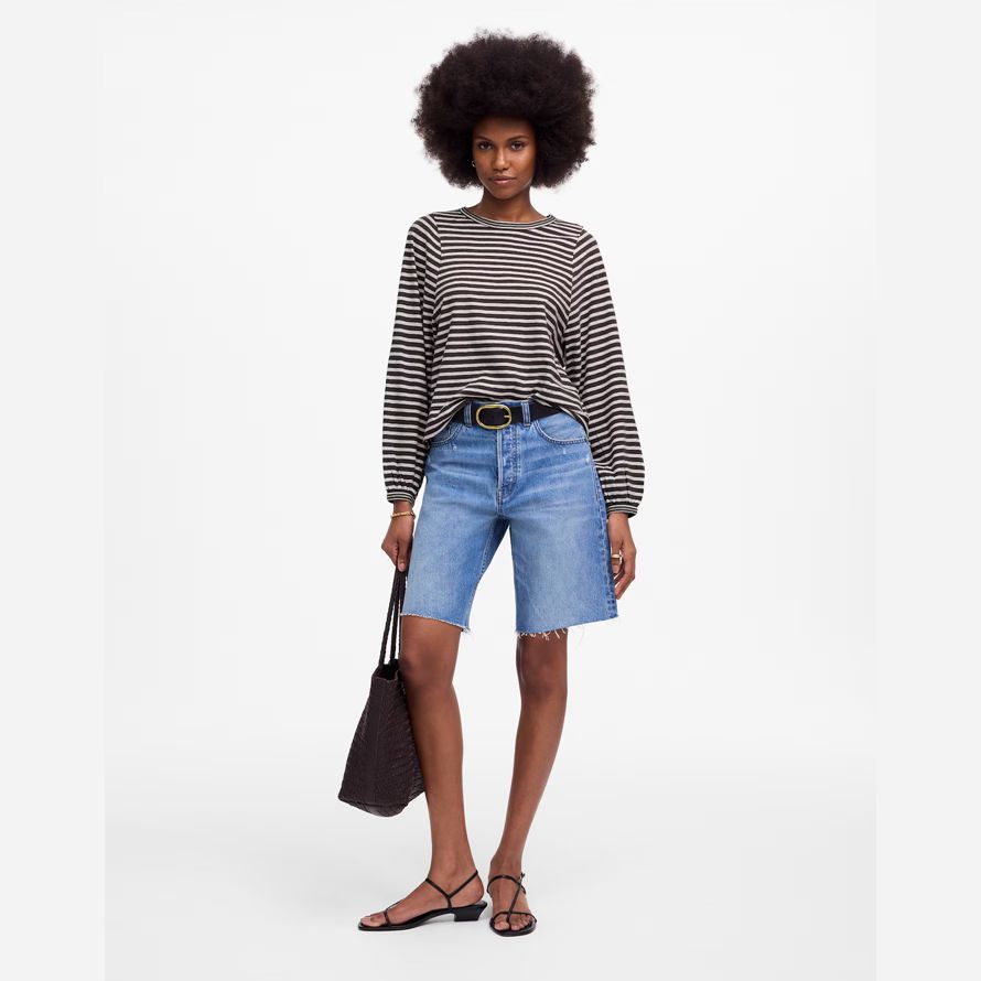 madewell long balloon-sleeve crewneck womens t-shirts black beige