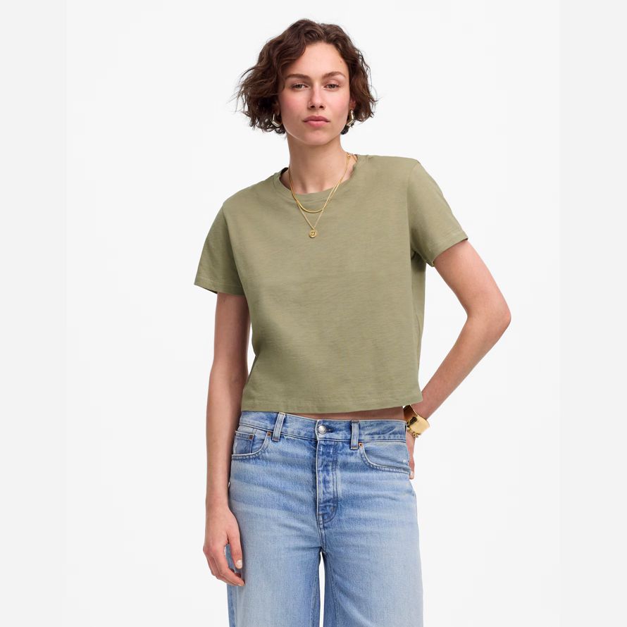 olive womens madewell slub boxy-crop t-shirts