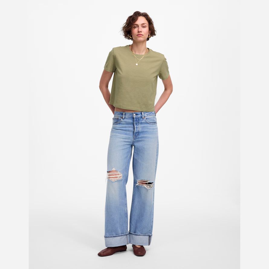 olive womens madewell slub boxy-crop t-shirts