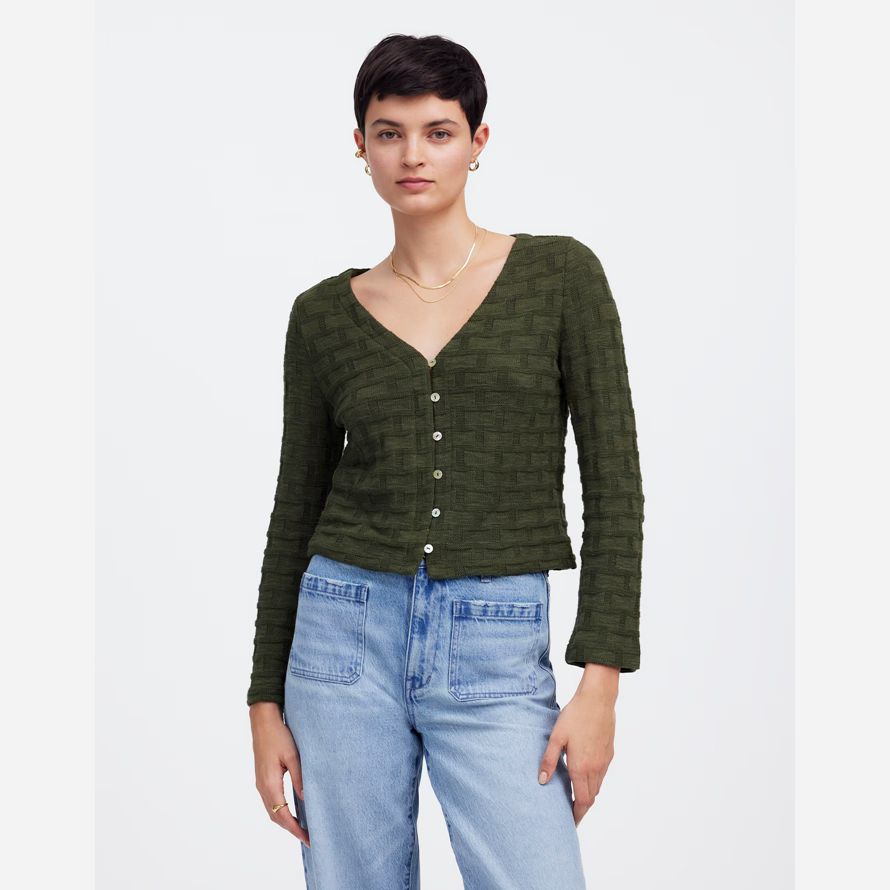 dark green womens madewell basket-weave stitch long-sleeve sweater t-shirts