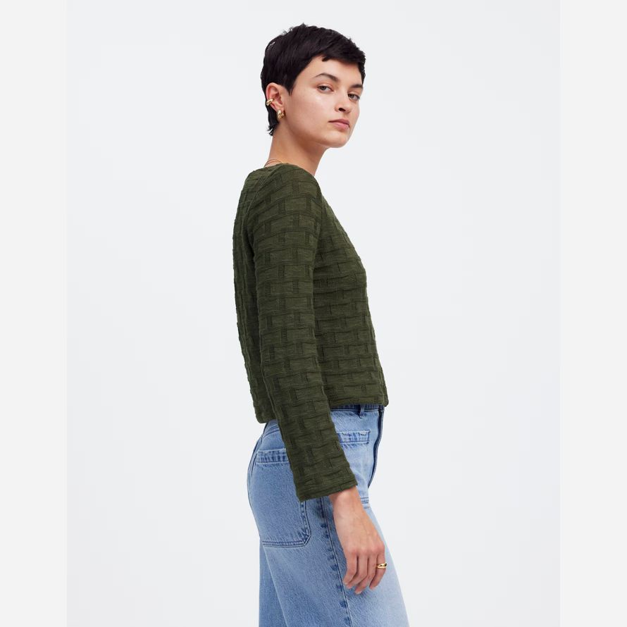 dark green womens madewell basket-weave stitch long-sleeve sweater t-shirts