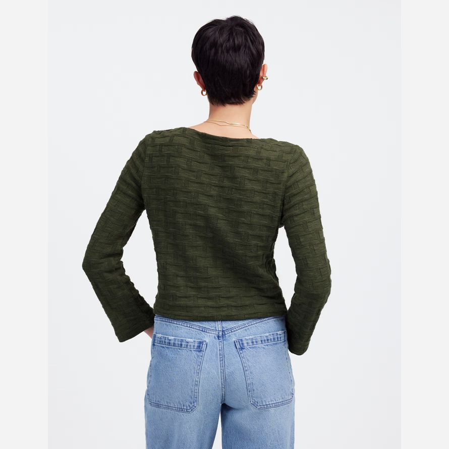 dark green womens madewell basket-weave stitch long-sleeve sweater t-shirts